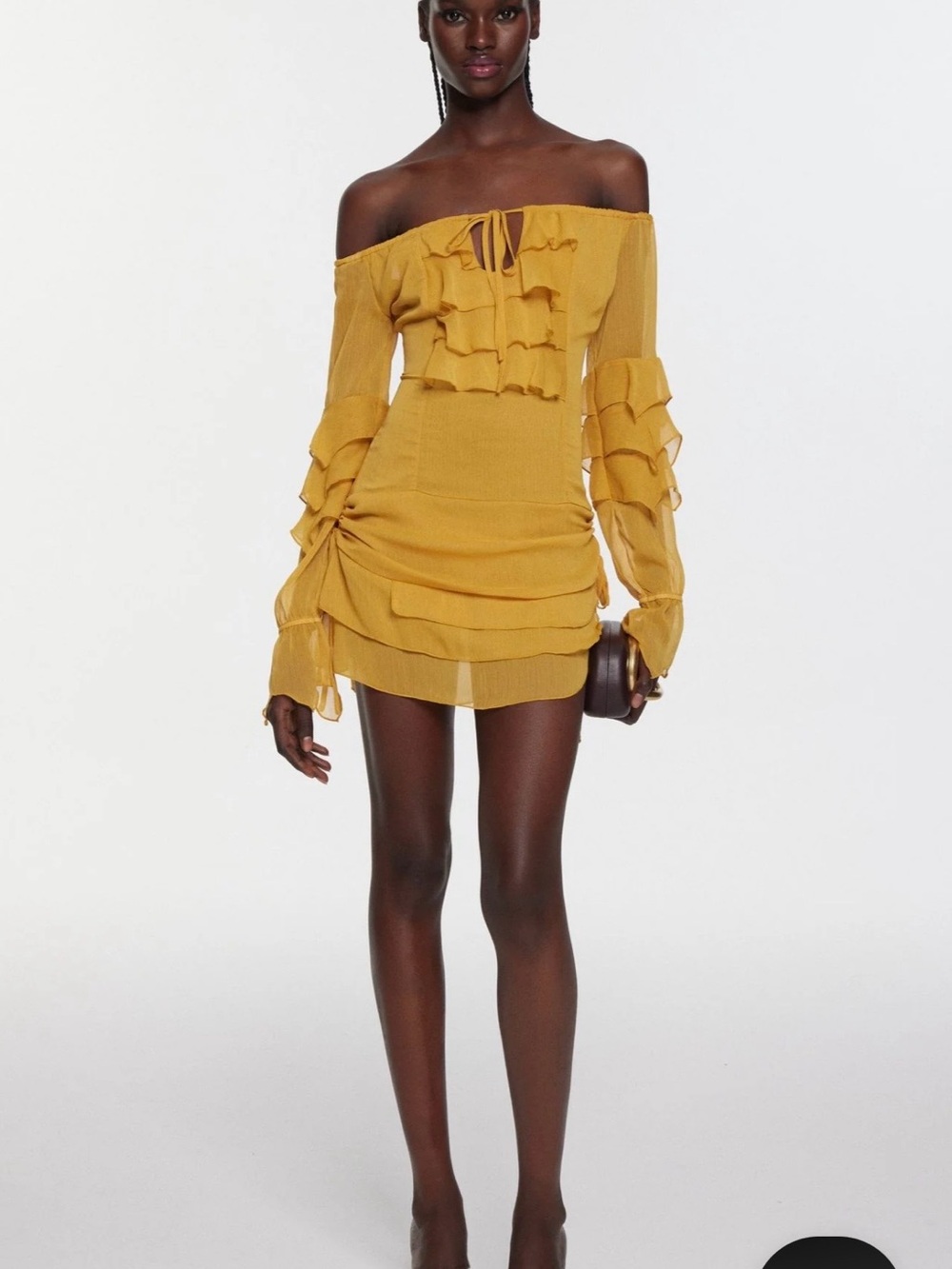 Off-Shoulder Ruffle Mini Dress in Mustard